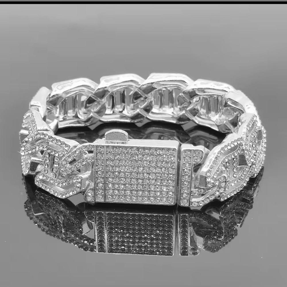 18K White Gold Iced Micro Pave Geometrical Cuban Link Streetwear Punk Bracelet - Picture 5 of 6